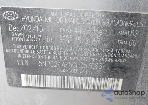 2016 Hyundai Sonata Se from USA, damaged, VIN 5NPE24AF5GH357083